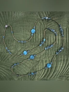 Bronze & Turquoise  Blue Acrylic Beaded Long Necklace - Women Jewelry